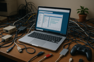 A modern laptop from 2010s and there are many cables and accessories on the desk since the laptop doesn't have a docking station connected.