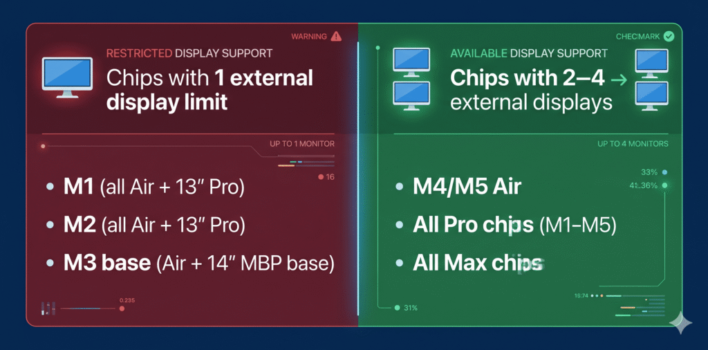 Chip Display Limit Visual A clean two-panel infographic. Left panel has a dark red/restricted background and lists: "M1 (all Air + 13" Pro)" and "M2 (all Air + 13" Pro)" and "M3 base (Air + 14" MBP base)" with a "1 external display" label and a single monitor icon. Right panel has a green/available background and lists: "M4/M5 Air", "All Pro chips (M1–M5)", "All Max chips" with "2–4 external displays" and two-to-four stacked monitor icons. 