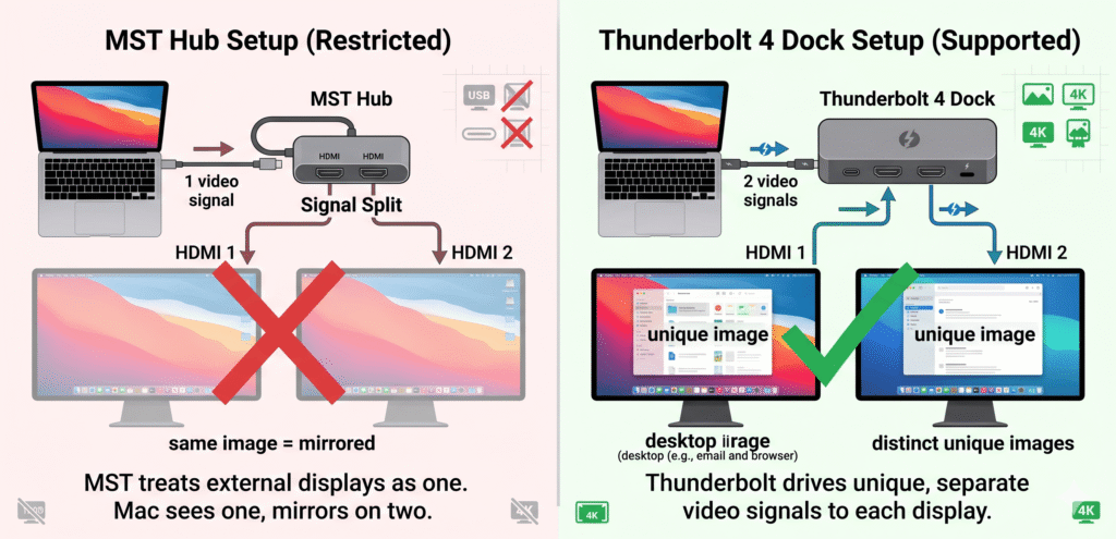 MST vs Thunderbolt Dock Diagram A side-by-side diagram. Left side: a basic USB-C hub labeled "MST Hub" with two HDMI ports. An arrow goes from the Mac to the hub (labeled "1 signal"), then splits into two arrows going to Monitor 1 and Monitor 2 (both labeled "same image = mirrored"). A red X over the setup. Right side: a Thunderbolt dock labeled "Thunderbolt 4 Dock" with two HDMI ports. Two arrows go from the dock to Monitor 1 (labeled "unique image") and Monitor 2 (labeled "unique image").