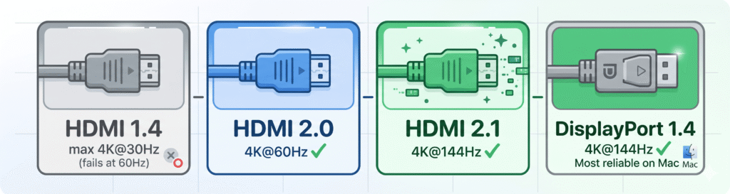 Cable Specification Comparison A horizontal comparison strip showing four cable icons side by side, each labeled: "HDMI 1.4 — max 4K@30Hz (fails at 60Hz)", "HDMI 2.0 — 4K@60Hz ✓", "HDMI 2.1 — 4K@144Hz ✓", "DisplayPort 1.4 — 4K@144Hz ✓ Most reliable on Mac". Use distinct colors for each (gray for 1.4, blue for 2.0, green for 2.1 and DP). Each has a small cable connector icon above the label.