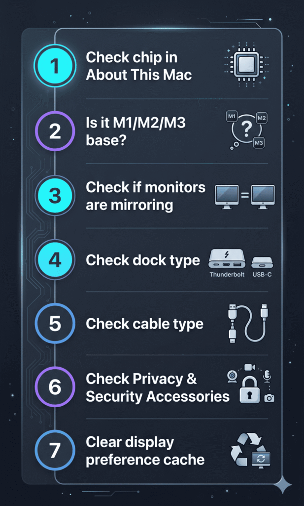 Numbered Diagnosis Steps A clean numbered list illustration (1–7), vertical layout. Each step has a small icon and short label: (1) Check chip in About This Mac — chip icon, (2) Is it M1/M2/M3 base? — question mark icon, (3) Check if monitors are mirroring — two monitor icons with an = sign, (4) Check dock type — Thunderbolt vs USB-C icon comparison, (5) Check cable type — cable icon, (6) Check Privacy & Security Accessories — padlock icon, (7) Clear display preference cache — recycle/refresh icon. 