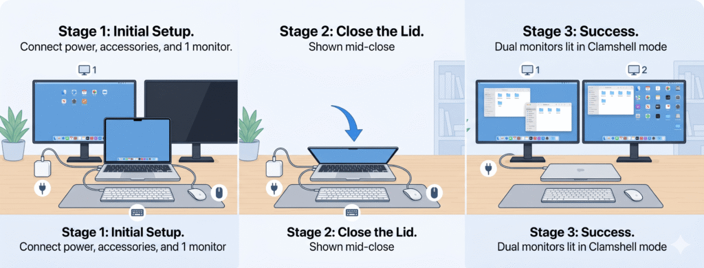 M3 Clamshell Setup Illustration A clean step-by-step illustration showing a MacBook Air with the lid being closed. Stage 1: MacBook open, connected to power + keyboard + mouse + one monitor (visible). Stage 2: Lid being closed (shown mid-close with a downward arrow). Stage 3: Both external monitors lit up, MacBook lid fully closed, sitting flat on a desk. Icons for each item (power plug, keyboard, mouse, monitors).