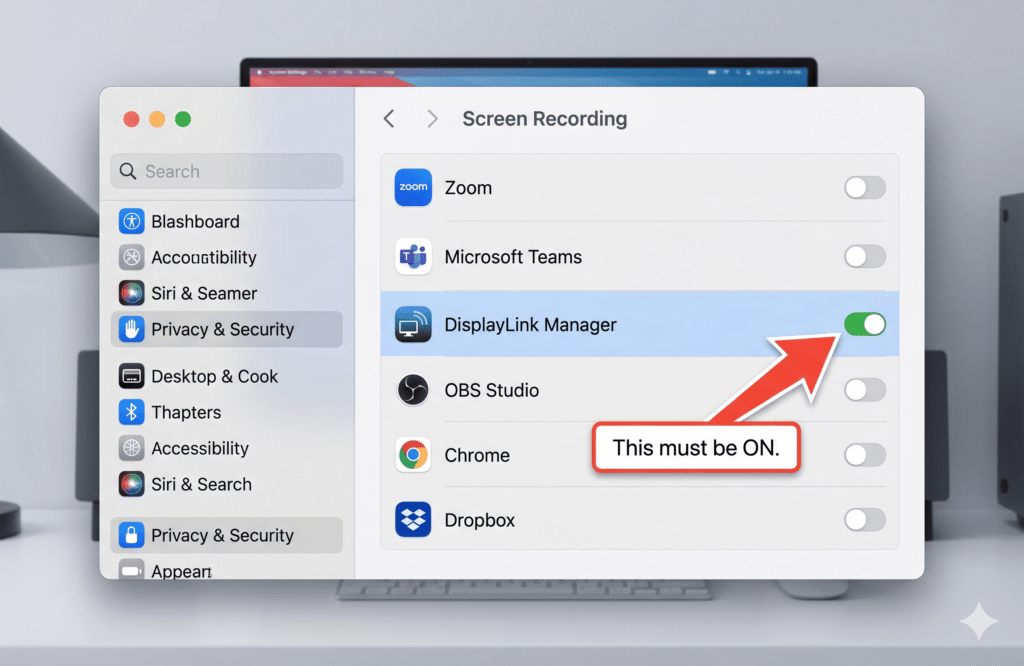 DisplayLink Permission Screenshot Recreation A macOS System Settings mockup showing Privacy & Security → Screen Recording. The list shows several apps. "DisplayLink Manager" is highlighted with a toggle switch shown in the ON/green position. A red callout arrow points to the toggle with the label "This must be ON."
