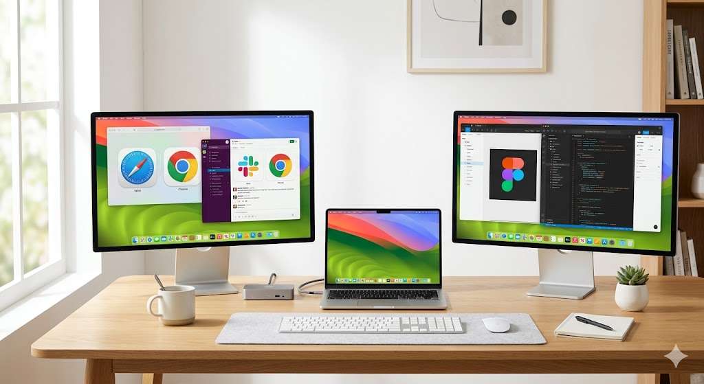 Clean, aspirational desk setup photograph. A MacBook Air (Silver or Starlight, lid open) sits centered on a minimal light wood desk. Two matching 4K monitors are positioned symmetrically on either side — both showing clean, colorful macOS desktops with different app windows open. A compact aluminum docking station sits between the MacBook and the left monitor, with a single braided cable to the Mac. External keyboard and mouse on the desk. 