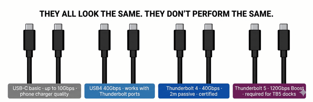 Horizontal comparison strip showing four USB-C cables, all visually identical in shape and appearance, lined up side by side. Each cable has a colored label below it with its spec. Cable 1 (grey label): "USB-C basic · up to 10Gbps · phone charger quality." Cable 2 (blue label): "USB4 40Gbps · works with Thunderbolt ports." Cable 3 (rich blue label): "Thunderbolt 4 · 40Gbps · 2m passive · certified." Cable 4 (deep purple label): "Thunderbolt 5 · 120Gbps Boost · required for TB5 docks." Above all four cables, the title: "They all look the same. They don't perform the same." Flat vector illustration, clean white background, USB-C connector ends visible at top and bottom of each cable illustration, no gradients. 