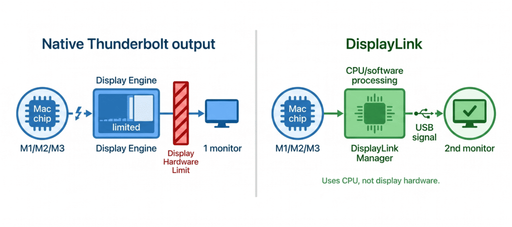 Split flow diagram. Left side labeled "Native Thunderbolt output": Mac chip icon → arrow → Display Engine box (highlighted, limited) → 1 monitor icon. A red wall/barrier symbol on the right side of the display engine. Right side labeled "DisplayLink": Mac chip icon → CPU/software processing box (green, labeled "DisplayLink Manager") → USB signal → 2nd monitor icon (green checkmark). The two paths are separated by a subtle dividing line. Under the DisplayLink path, a small note: "Uses CPU, not display hardware."