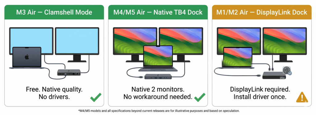 A three-panel comparison showing alternatives to DisplayLink for different Mac scenarios. Panel 1 labeled "M3 Air — Clamshell Mode": illustration of MacBook lid closed, two external monitors lit, a Thunderbolt dock, no DisplayLink logo. Label: "Free. Native quality. No drivers." Panel 2 labeled "M4/M5 Air — Native TB4 Dock": MacBook open, two monitors, Thunderbolt dock. Label: "Native 2 monitors. No workaround needed." Panel 3 labeled "M1/M2 Air — DisplayLink Dock": MacBook with DisplayLink dock, two monitors, small driver icon. Label: "DisplayLink required. Install driver once." Green checkmarks on panels 1 and 2, amber caution on panel 3. 