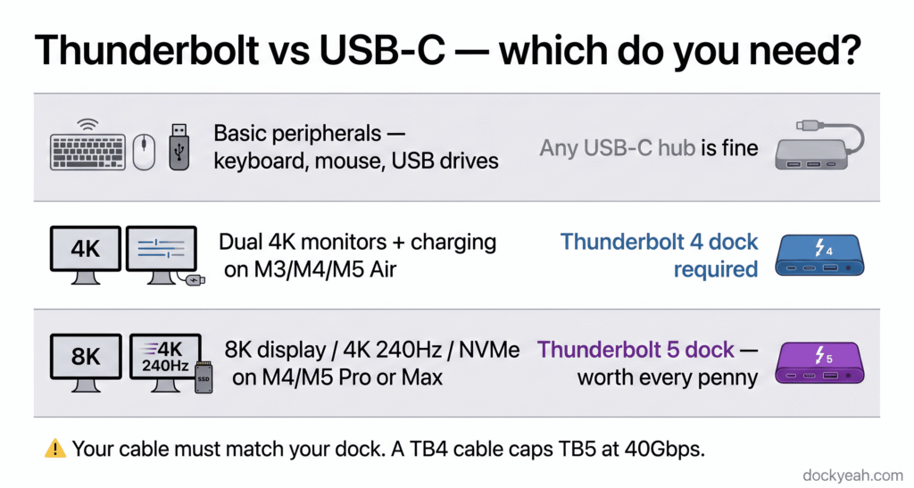 Clean reference card infographic. Title at top: "Thunderbolt vs USB-C — which do you need?" Three rows with a use-case label on the left and a recommendation on the right. Row 1: "Basic peripherals — keyboard, mouse, USB drives" → "Any USB-C hub is fine" (grey). Row 2: "Dual 4K monitors + charging on M3/M4/M5 Air" → "Thunderbolt 4 dock required" (blue). Row 3: "8K display / 4K 240Hz / NVMe on M4/M5 Pro or Max" → "Thunderbolt 5 dock — worth every penny" (purple). Below the rows, a small reminder note: "Your cable must match your dock. A TB4 cable caps TB5 at 40Gbps." dockyeah.com watermark in small grey text at the bottom-right corner. 