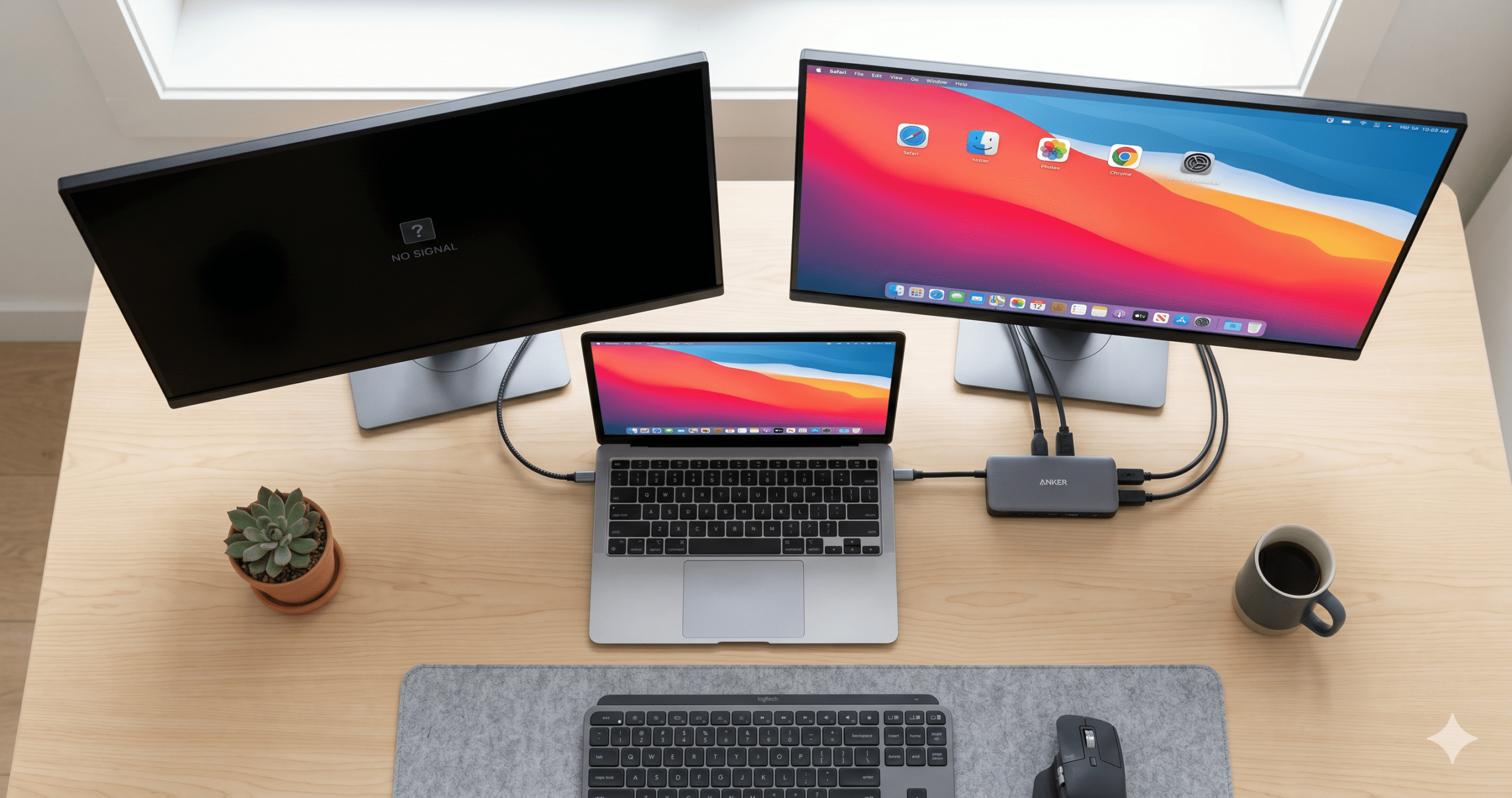 clean, top-down desk photo showing a MacBook connected to a docking station with two monitors — one screen showing a black/no-signal display and the other showing a macOS desktop. The black screen monitor should have a subtle "?" icon or no-signal indicator. 