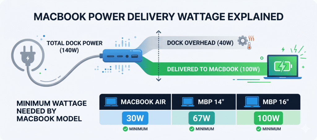 Power Delivery Wattage Diagram A horizontal bar chart or flow diagram showing: total dock power (e.g., 140W) → split into "Dock overhead" (40W, gray) and "Delivered to MacBook" (100W, green). Below that, a small table showing minimum wattage needed for Air (30W), MBP 14" (67W), MBP 16" (100W).