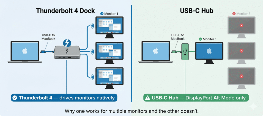 Connection Type Comparison A side-by-side diagram showing: (left) a Thunderbolt dock with a lightning bolt symbol and the label "Thunderbolt 4 — drives monitors natively", (right) a basic USB-C hub with a USB logo and the label "USB-C hub — DisplayPort Alt Mode only".