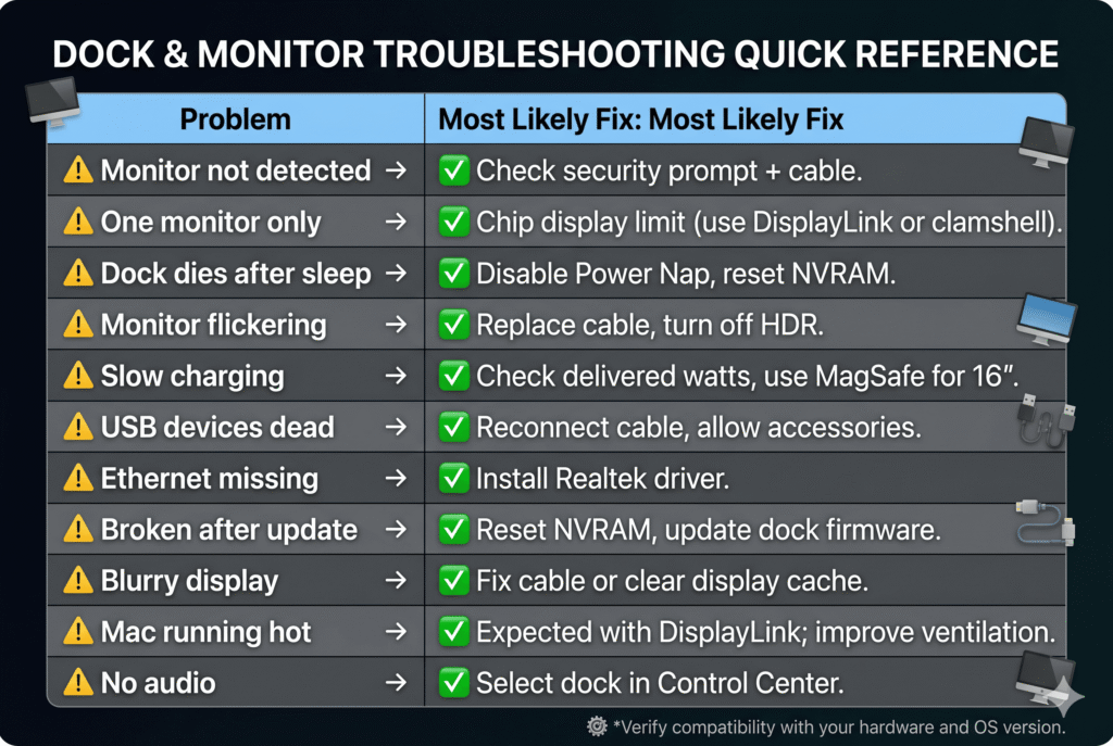 Quick Reference Table Graphic A clean, styled table graphic with two columns: "Problem" on the left with a ⚠️ emoji prefix for each row, and "Most Likely Fix" on the right with a ✅ emoji prefix. Rows: Monitor not detected → Check security prompt + cable. One monitor only → Chip display limit (use DisplayLink or clamshell). Dock dies after sleep → Disable Power Nap, reset NVRAM. Monitor flickering → Replace cable, turn off HDR. Slow charging → Check delivered watts, use MagSafe for 16". USB devices dead → Reconnect cable, allow accessories. Ethernet missing → Install Realtek driver. Broken after update → Reset NVRAM, update dock firmware. Blurry display → Fix cable or clear display cache. Mac running hot → Expected with DisplayLink; improve ventilation. No audio → Select dock in Control Center. 