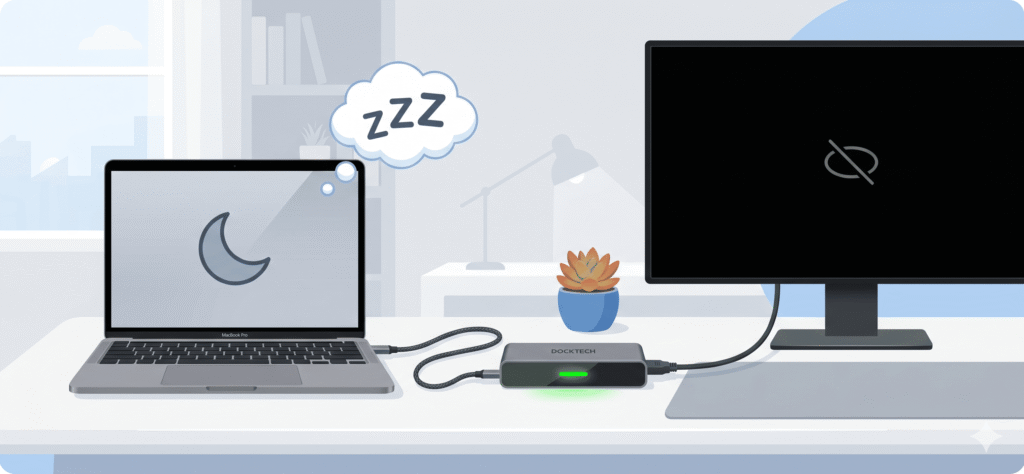 Sleep/Wake Problem Illustration A stylized illustration of a MacBook with a crescent moon sleep icon, connected via cable to a dock. The dock's indicator light is on but the connected monitor shows a black/no-signal screen. 