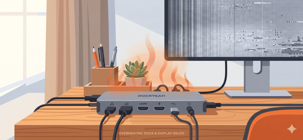 Overheating Dock Illustration A close-up illustration of a docking station with subtle heat waves rising from it (illustrated heat distortion lines). The dock is sitting on a desk surface with limited space around it. In the background, a monitor shows a flickering/distorted screen.