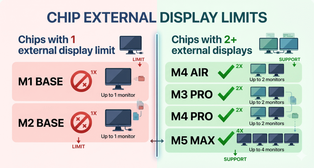 Chip Display Limit Diagram A visual showing two columns: left column "Chips with 1 external display limit" listing M1 base, M2 base with a single monitor icon. Right column "Chips with 2+ external displays" listing M4 Air, M3 Pro, M4 Pro, M5 Max with two and four monitor icons. 