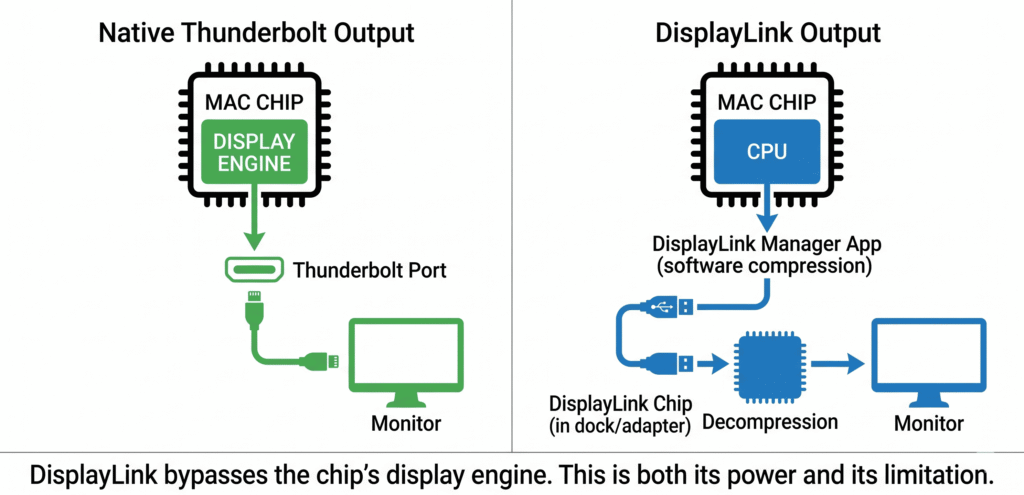 
A two-panel comparison diagram. Left panel labeled "Native Thunderbolt Output": inside the Mac chip icon, a dedicated "Display Engine" block is highlighted in green. An arrow flows from the Display Engine → Thunderbolt port → cable → Monitor icon. The path is direct and uninterrupted. Right panel labeled "DisplayLink Output": inside the Mac chip, the CPU icon is highlighted (not display engine). An arrow flows: CPU → "DisplayLink Manager App (software compression)" → USB cable → "DisplayLink Chip (in dock/adapter)" → "Decompression" → Monitor icon. The path is longer and passes through two additional steps. Below both panels: "DisplayLink bypasses the chip's display engine. This is both its power and its limitation."