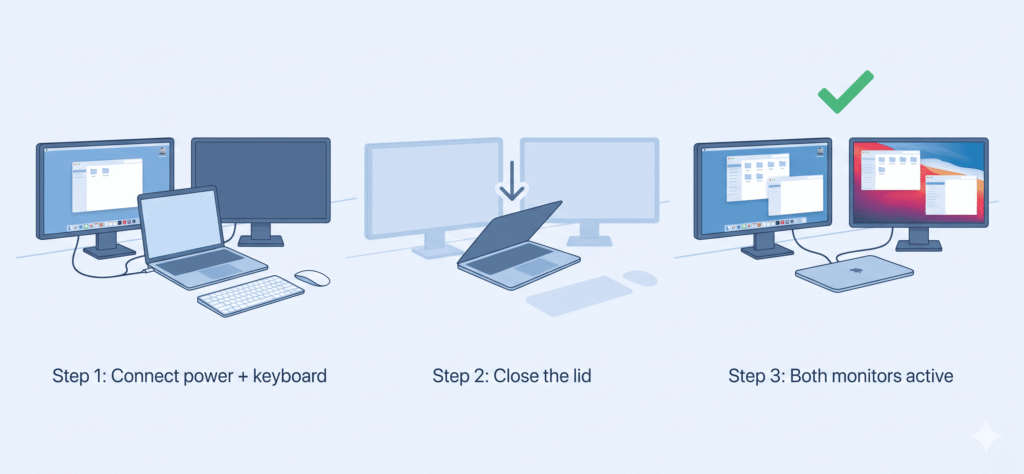 Three-stage flat illustration showing clamshell mode setup. Stage 1 (left): MacBook Air open with one monitor lit and one dark, a power cable plugged in, and a wireless keyboard and mouse nearby. Stage 2 (center): MacBook lid mid-close, shown at a 45-degree angle, with a downward-pointing arrow above it. Stage 3 (right): MacBook lid fully closed and flat on the desk, both external monitors now glowing with distinct macOS desktops. 