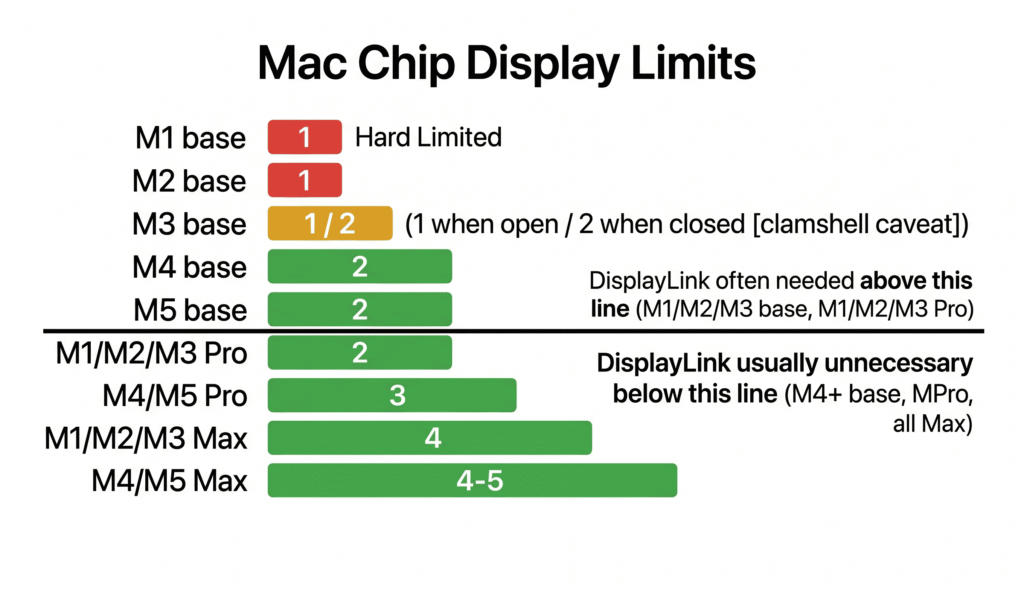 A clean infographic showing a grid of Mac chips and their native display limits. Layout: chips listed vertically on the left (M1 base, M2 base, M3 base, M4 base, M5 base, M1/M2/M3 Pro, M4/M5 Pro, M1/M2/M3 Max, M4/M5 Max). On the right: colored blocks showing native external display count (1, 1/2, 2, 2, 2, 2, 3, 4, 4-5). Use traffic light colors: red for 1 display (hard limited), amber for M3 base (clamshell caveat), green for 2+. A bold horizontal line separates "DisplayLink often needed above this line" from "DisplayLink usually unnecessary below this line."