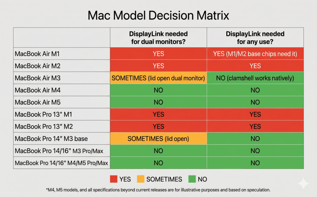 A clean decision matrix showing all current MacBook models in two columns. Column 1: "DisplayLink needed for dual monitors?" Column 2: "DisplayLink needed for any use?" Rows: MacBook Air M1 — YES / YES (M1/M2 base chips need it). MacBook Air M2 — YES / YES. MacBook Air M3 — SOMETIMES (lid open dual monitor) / NO (clamshell works natively). MacBook Air M4 — NO / NO. MacBook Air M5 — NO / NO. MacBook Pro 13" M1 — YES / YES. MacBook Pro 13" M2 — YES / YES. MacBook Pro 14" M3 base — SOMETIMES (lid open) / NO. MacBook Pro 14/16" M3 Pro/Max — NO / NO. MacBook Pro 14/16" M4/M5 Pro/Max — NO / NO. Color code: red for YES (needs DisplayLink), amber for SOMETIMES, green for NO. 