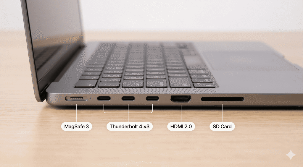 Close-up product photograph of the left side of a MacBook Pro 14-inch (Space Black or Silver). The focus is sharp on the port cluster: three Thunderbolt 4 USB-C ports, one HDMI port, one SD card slot, and one MagSafe 3 charging port, all visible in a row along the left edge. The ports are cleanly labeled with small floating text callouts: "Thunderbolt 4 ×3", "HDMI 2.0", "SD Card", "MagSafe 3". The MacBook is on a light desk surface. 