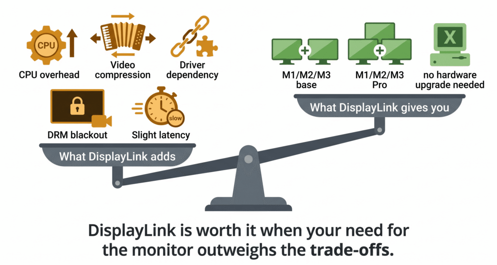 A visual balance scale illustration. On the left side of the scale (tipping down, heavier): "What DisplayLink adds" — icons for CPU overhead, video compression, driver dependency, DRM blackout, slight latency. On the right side (lighter): "What DisplayLink gives you" — icons for second monitor on M1/M2, third monitor on limited chips, no hardware upgrade needed. The scale tips toward the left (cost) to visually communicate "it costs something — know what you're paying." Below the scale: "DisplayLink is worth it when your need for the monitor outweighs the trade-offs."