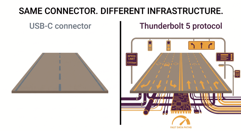 Split flat illustration. Left half: a narrow single-lane road labeled "USB-C connector" — the road surface is identical on both sides. Right half: same road surface, same width connector, but now showing multilane highway infrastructure underneath it — traffic signals, lane markings, a speed sign reading "120Gbps" — labeled "Thunderbolt 5 protocol." A bold vertical dividing line between the two halves with the label "Same connector. Different infrastructure." at the top. Flat vector style, minimal color palette — road in warm grey, USB-C label in grey-blue, Thunderbolt side in deep purple, infrastructure elements in amber. 