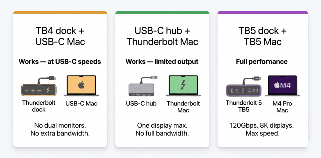 Three scenario card grid in a horizontal layout. Card 1 (amber accent): Icon of a Thunderbolt dock next to a basic USB-C Mac icon. Title: "TB4 dock + USB-C Mac." Result label: "Works — at USB-C speeds." Note below: "No dual monitors. No extra bandwidth." Card 2 (green accent): Icon of a USB-C hub next to a Thunderbolt Mac icon. Title: "USB-C hub + Thunderbolt Mac." Result label: "Works — limited output." Note: "One display max. No full bandwidth." Card 3 (purple accent): Icon of a TB5 dock next to an M4 Pro Mac icon. Title: "TB5 dock + TB5 Mac." Result label: "Full performance." Note: "120Gbps. 8K displays. Max speed." Each card is white with a colored top border.