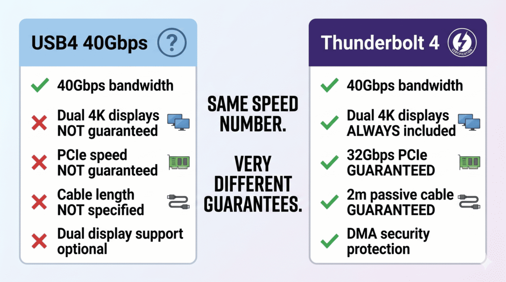 Side-by-side comparison card. Left card titled "USB4 40Gbps" in blue with a "?" badge. Checklist below: ✓ 40Gbps bandwidth · ✗ Dual 4K displays NOT guaranteed · ✗ PCIe speed NOT guaranteed · ✗ Cable length NOT specified · ✗ Dual display support optional. Right card titled "Thunderbolt 4" in deep purple with a lightning bolt certification badge. Checklist below: ✓ 40Gbps bandwidth · ✓ Dual 4K displays ALWAYS included · ✓ 32Gbps PCIe GUARANTEED · ✓ 2m passive cable GUARANTEED · ✓ DMA security protection. Bold label between the cards: "Same speed number. Very different guarantees." 