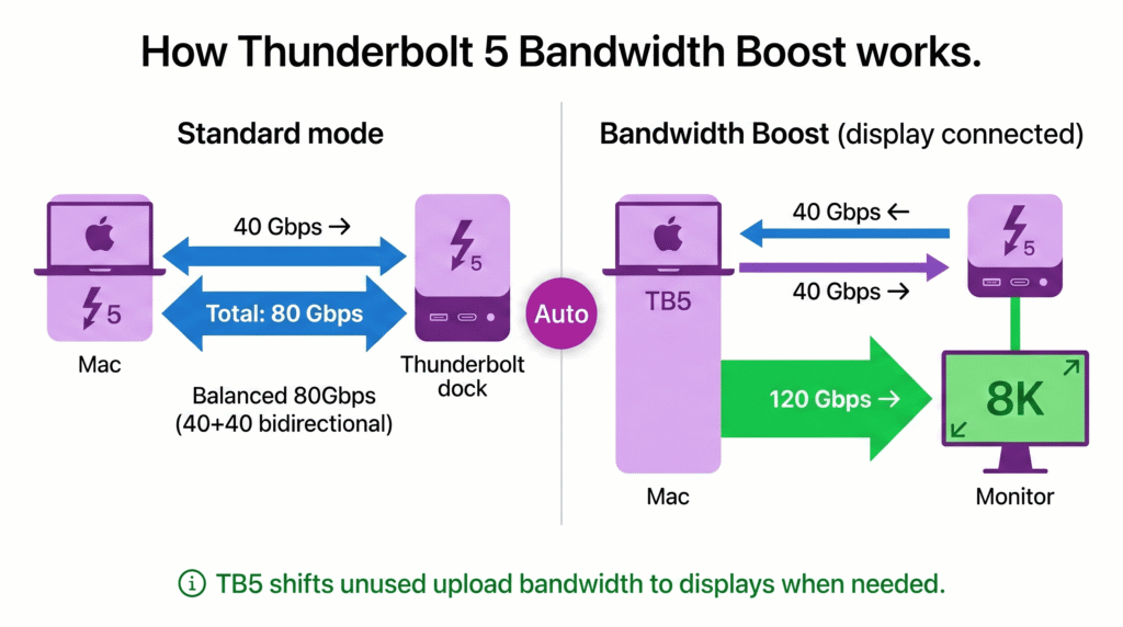 Split flow diagram. Title: "How Thunderbolt 5 Bandwidth Boost works." Left side labeled "Standard mode": a bidirectional arrow between Mac icon and dock icon, with "40 Gbps →" (down/upload) and "40 Gbps ←" (download) labeled on each side. Total: "80 Gbps." Right side labeled "Bandwidth Boost (display connected)": same Mac and dock icons, but now the download arrow is 3× thicker and labeled "120 Gbps →" pointing toward a large 8K monitor icon. The upload arrow becomes thinner: "40 Gbps ←." A small "Auto" badge between the two states meaning it happens automatically. Caption below: "TB5 shifts unused upload bandwidth to displays when needed."