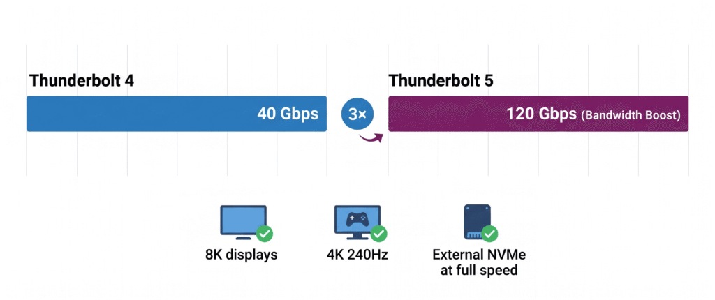 Flat vector comparison graphic. Two horizontal bandwidth bars side by side. Left bar: labeled "Thunderbolt 4" in blue, width representing 40Gbps, labeled "40 Gbps" at the end. Right bar: labeled "Thunderbolt 5" in deep purple, 3× wider, labeled "120 Gbps (Bandwidth Boost)" at the end. A small "3×" callout between them with an arrow. Below the bars, three small icons with captions: "8K displays", "4K 240Hz", "External NVMe at full speed" — all checkmarked in green. 