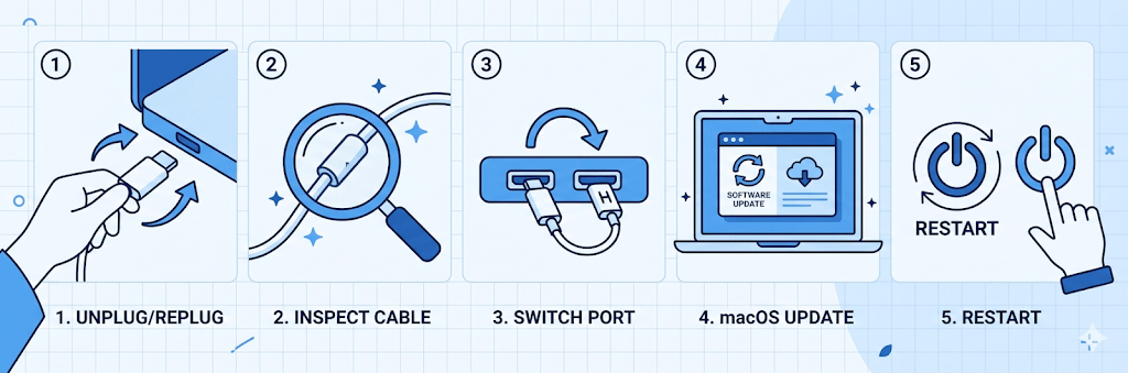 Connection Type Comparison A side-by-side diagram showing: (left) a Thunderbolt dock with a lightning bolt symbol and the label "Thunderbolt 4 — drives monitors natively", (right) a basic USB-C hub with a USB logo and the label "USB-C hub — DisplayPort Alt Mode only".