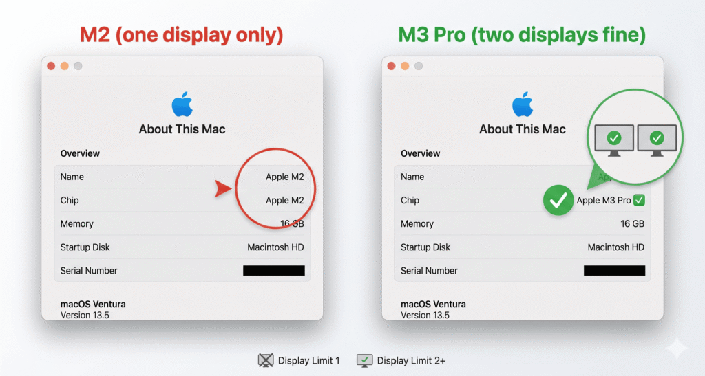 A clean macOS mockup showing the "About This Mac" dialog box. The chip field reads "Apple M2" and a red arrow or callout circle highlights the chip name. Below it, a second version of the same dialog shows "Apple M3 Pro" with a green checkmark callout.