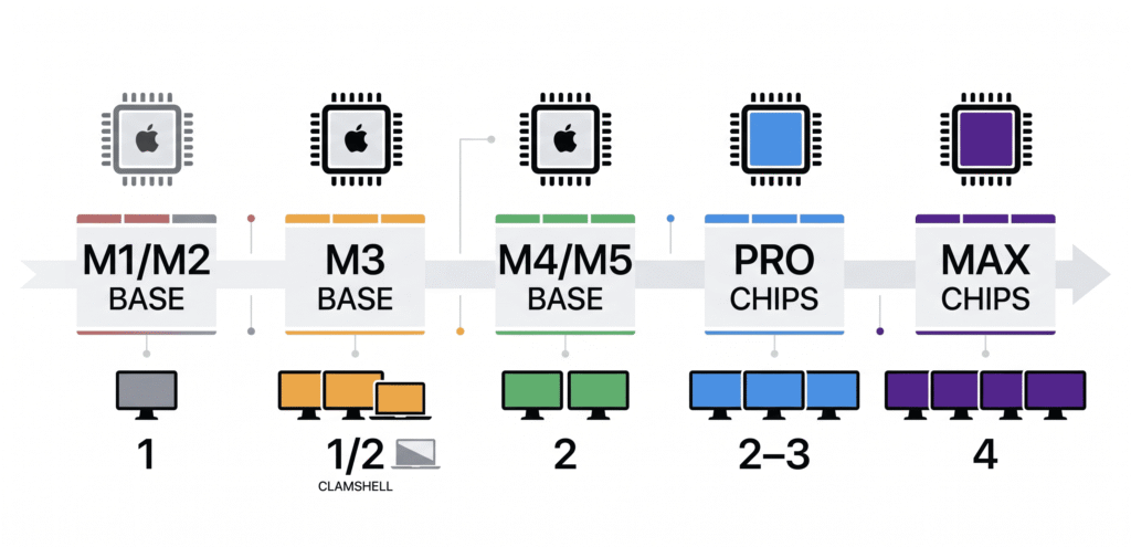 Flat vector infographic. Five chip generations shown as a horizontal progression from left to right: M1/M2 base → M3 base → M4/M5 base → Pro chips → Max chips. Each generation has a chip icon above it and a row of monitor icons below it showing how many external displays it supports (1, 1/2 clamshell, 2, 2-3, 4). Color coding: M1/M2 in muted red/grey (limited), M3 in amber (partial improvement), M4/M5 in green (full support), Pro in blue, Max in deep purple. 