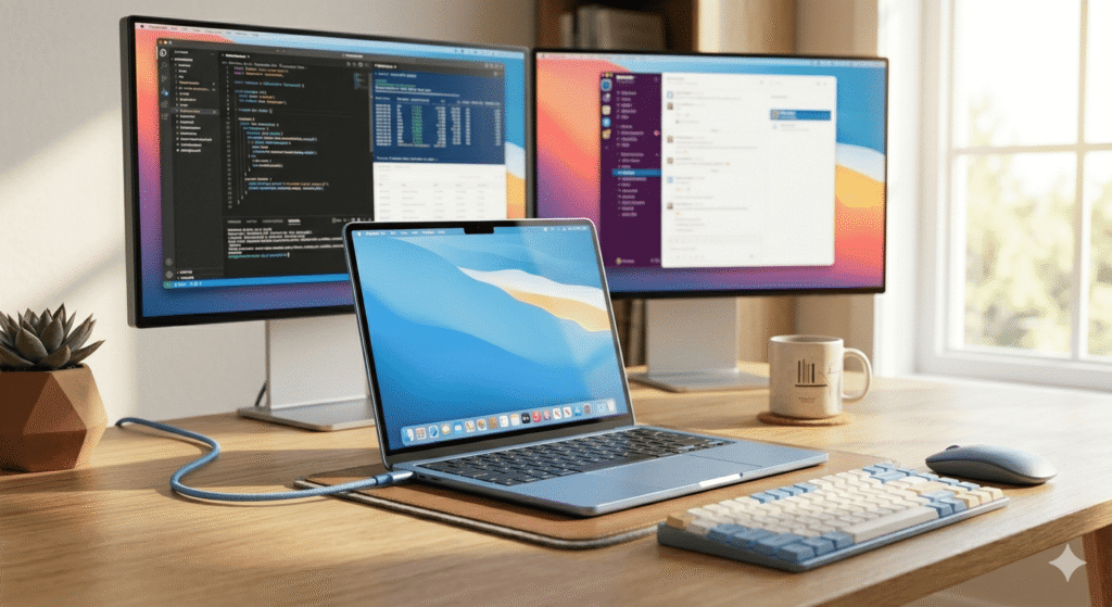Best docking stations for MacBook Air M5 2026 — a MacBook Air connected to a dock with dual monitors on a clean desk