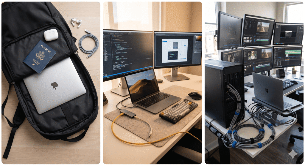 Three separate square lifestyle photos arranged side by side. Left: a MacBook Air inside an open backpack surrounded by a passport, earbuds, and a small cable — travel context. Center: a MacBook Air open on a home office desk with two monitors, keyboard, and wired Ethernet cable running off-frame — home office context. 