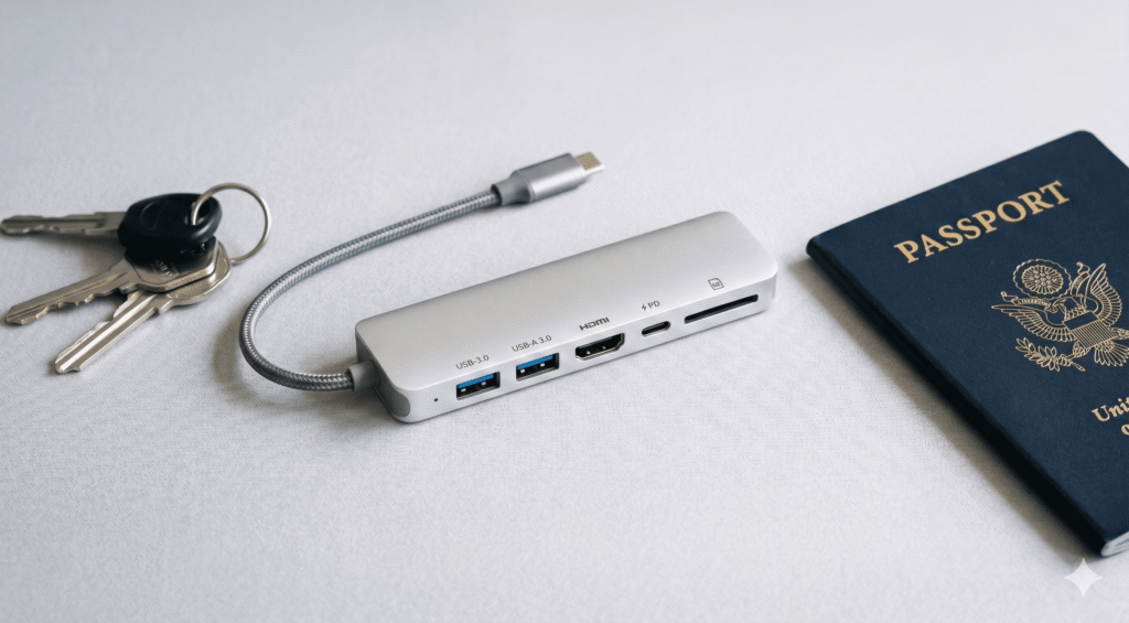 A flat-lay photograph of a small aluminum USB-C hub (7-in-1 or 8-in-1 style) on a light grey surface. The hub is compact — roughly the size of a USB drive. Its ports are clearly visible: 2x USB-A, 1x HDMI, 1x USB-C PD, 1x SD card slot. A single USB-C cable extends from one end. No external power brick — this is key to show its bus-powered nature. The hub is next to a set of keys and a passport for size reference. 