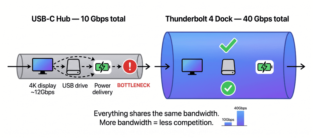 A simple flat vector diagram. Two parallel horizontal pipes shown side by side. Left pipe (narrow, grey): labeled "USB-C Hub — 10 Gbps total." Inside the narrow pipe, three items compete: a small monitor icon (labeled "4K display ~12Gbps"), a drive icon (labeled "USB drive"), a charging icon (labeled "Power delivery"). The items are cramped and overlapping — visually communicating a bandwidth bottleneck. Red warning indicator. Right pipe (wide, blue/purple): labeled "Thunderbolt 4 Dock — 40 Gbps total." Inside the wide pipe, the same items sit comfortably with space between them. A green checkmark. Below both pipes: "Everything shares the same bandwidth. More bandwidth = less competition."