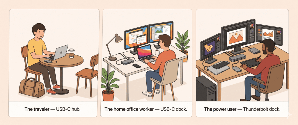 Three side-by-side illustrated persona cards. Card 1 (student/traveler): simple illustration of a person at a coffee shop with a MacBook, small hub in their bag. Label: "The traveler — USB-C hub." Card 2 (home office): illustration of person at a clean desk, MacBook connected to dock, two monitors. Label: "The home office worker — USB-C dock." Card 3 (creative professional): illustration of person at premium desk, MacBook Pro connected to Thunderbolt dock, three monitors, external SSD. Label: "The power user — Thunderbolt dock." 