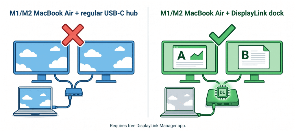 
Two-panel comparison. Left panel labeled "M1/M2 MacBook Air + regular USB-C hub": shows Mac connected to hub, hub connected to two monitors, but both monitors show identical content (mirroring). Red X above the setup. Right panel labeled "M1/M2 MacBook Air + DisplayLink dock": shows Mac connected to DisplayLink dock (dock has a small chip icon with "DL" label), dock connected to two monitors, both showing different content (extended). Green checkmark above. A small footnote below: "Requires free DisplayLink Manager app."
