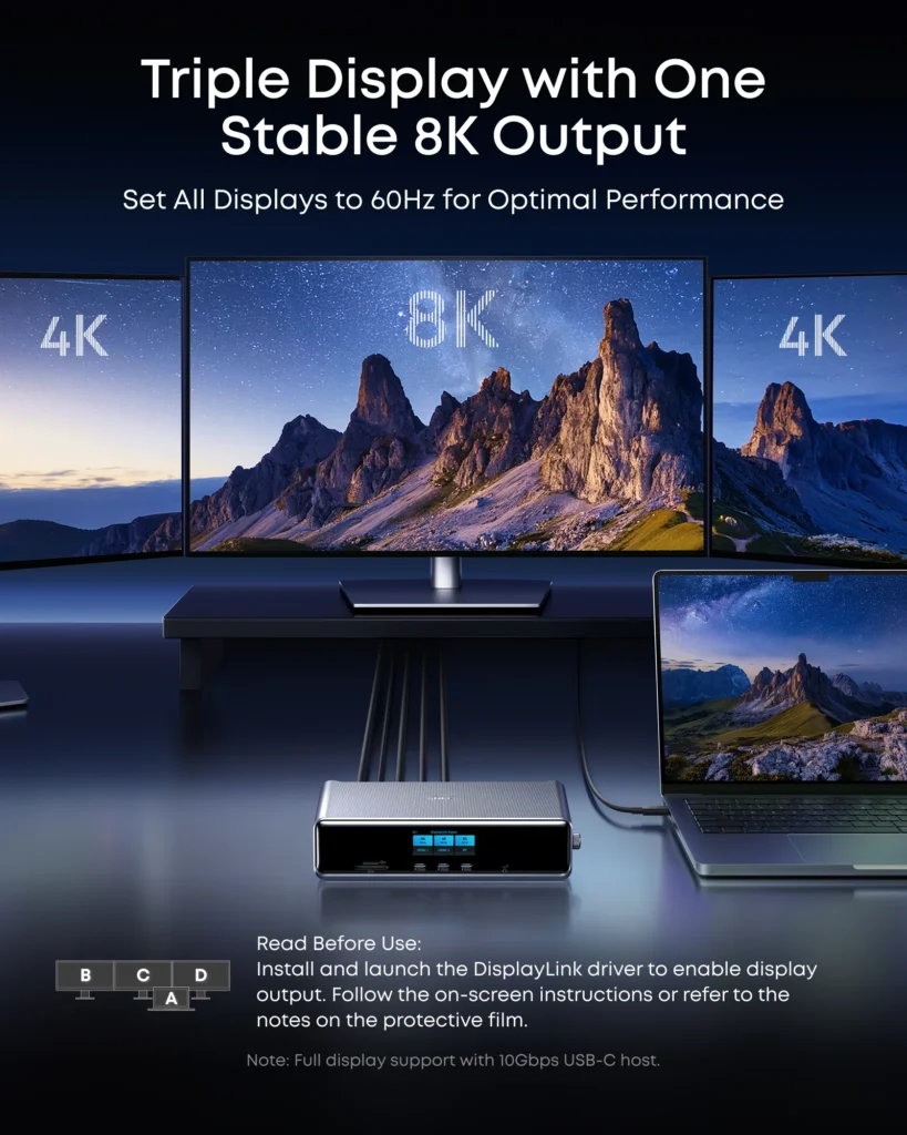 Anker Prime DisplayLink dock driving triple 4K and 8K monitors simultaneously