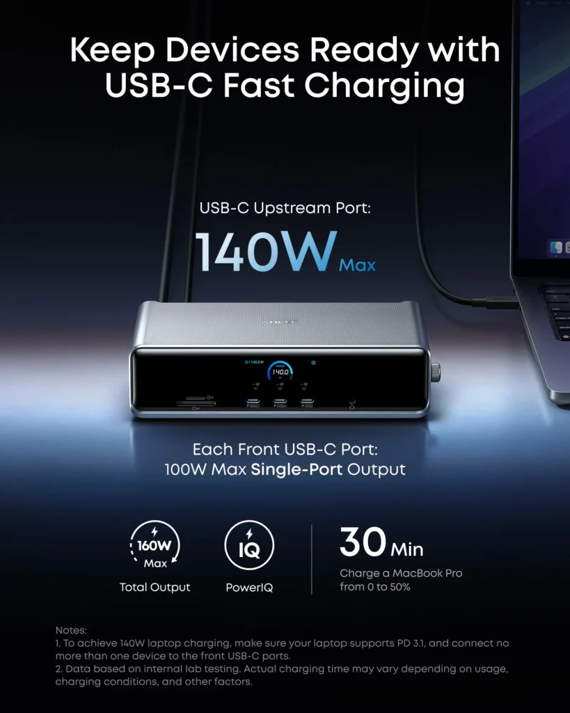 Anker Prime docking station 140W PD 3.1 USB-C upstream charging port for MacBook Pro